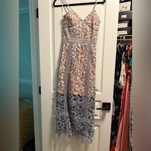 Elliatt Strapless Lace Dress in Lavender and Cream